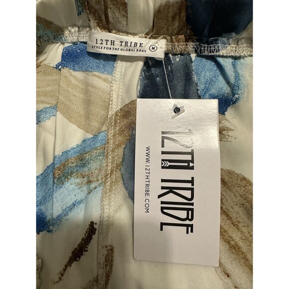 12th Tribe Perla Blue Watercolor Satin Wide Leg Pants Elastic Waist Sz M NWT - Picture 5 of 14